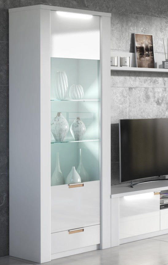 Amos Ice White High Gloss Tall Single Unit Display Cabinet with LED Lighting
