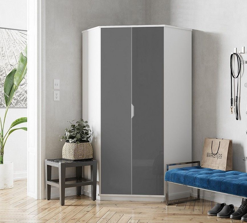 Amos Santino White with Grey High Gloss Double Doors Corner Wardrobe 2944
